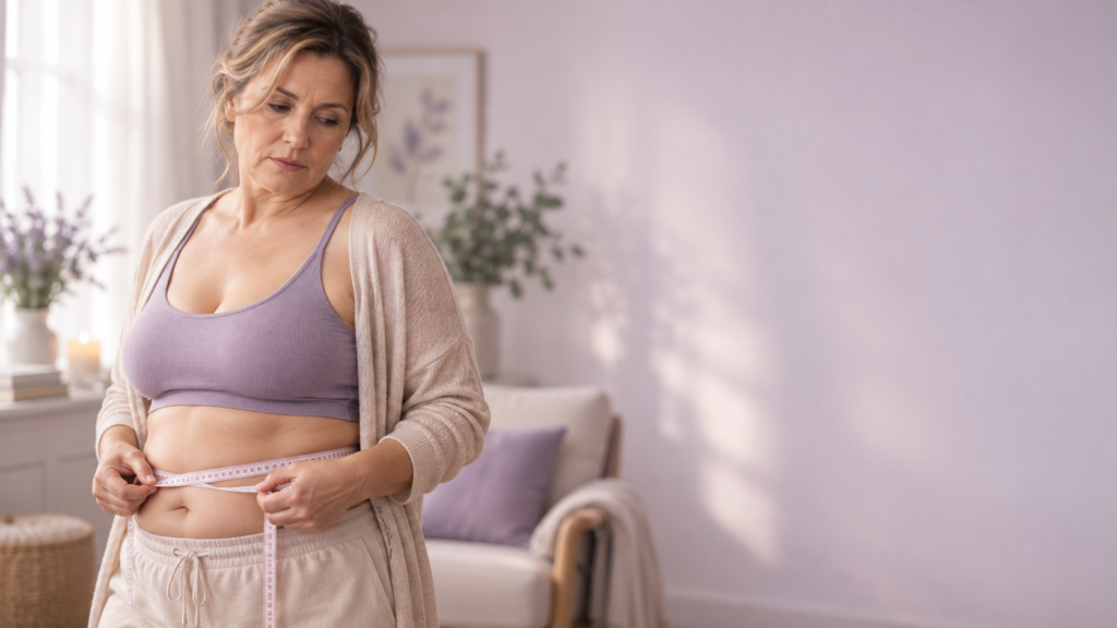 Kobieta po 40. mierząca obwód brzucha - brzuch w menopauzie i tłuszcz trzewny