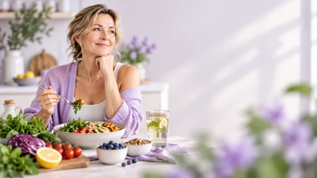 Dieta w menopauzie: uśmiechnięta kobieta po 50. roku życia je miskę sałatki z awokado, komosą ryżową i warzywami, obok borówki, orzechy i woda z cytryną