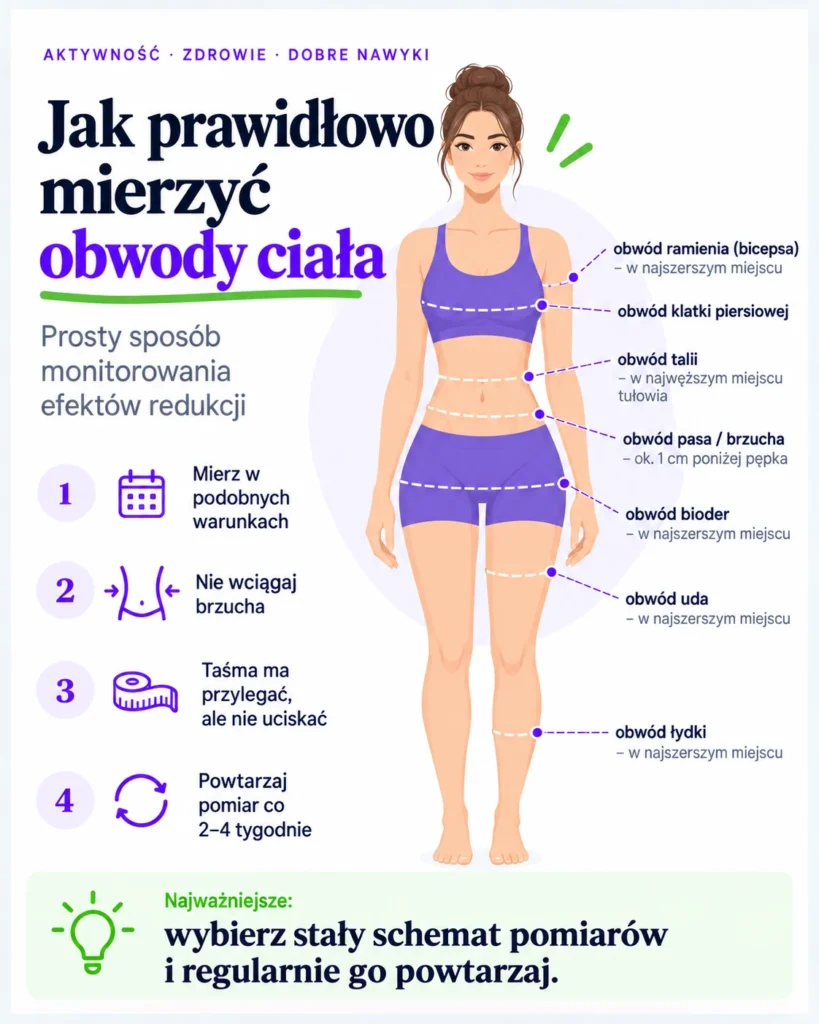 Infografika pokazująca miejsca pomiaru obwodów ciała: ramienia, klatki piersiowej, talii, pasa, bioder, uda i łydki.