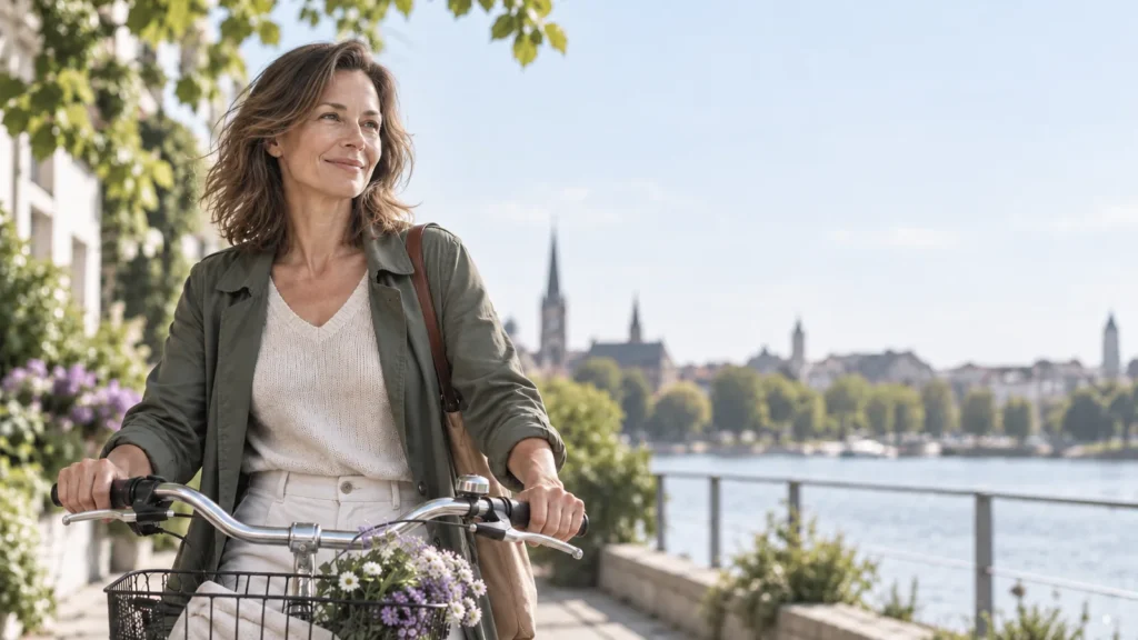 Uśmiechnięta kobieta po 40. roku życia prowadzi rower z koszem kwiatów nadrzecznym bulwarem w słoneczny dzień - codzienny ruch a metabolizm w perimenopauzie