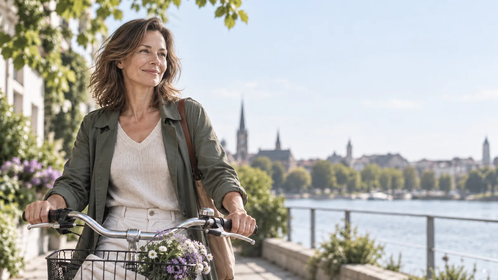 Uśmiechnięta kobieta po 40. roku życia prowadzi rower z koszem kwiatów nadrzecznym bulwarem w słoneczny dzień - codzienny ruch a metabolizm w perimenopauzie