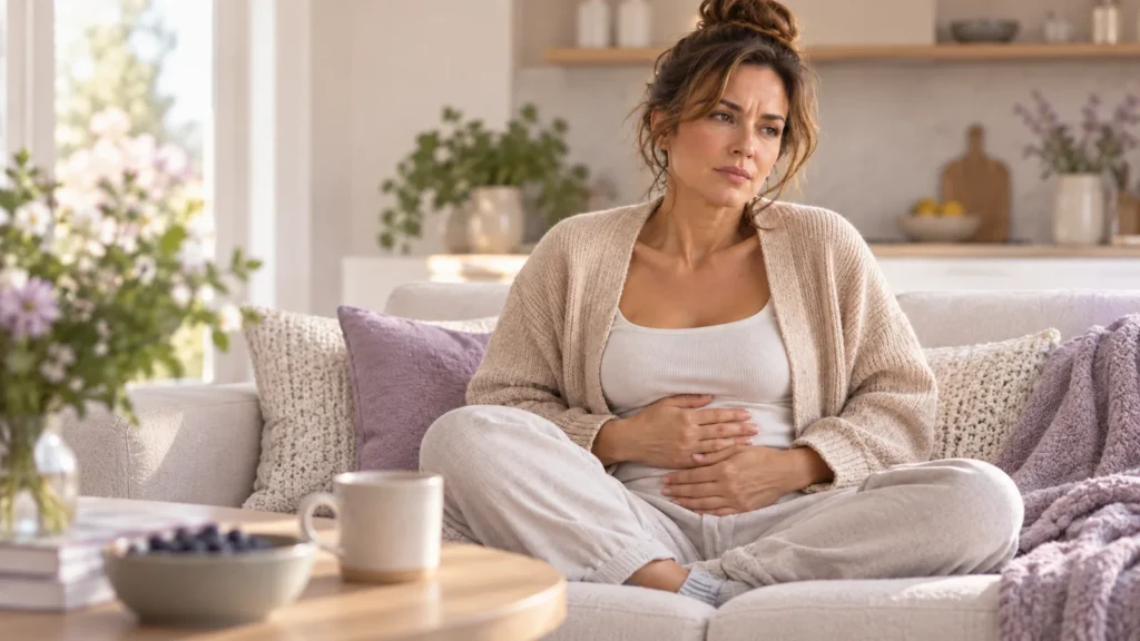 Kobieta po 40. roku życia siedzi na kanapie w jasnym salonie i trzyma dłonie na wzdętym brzuchu, obok herbata i miska borówek - wzdęcia w perimenopauzie