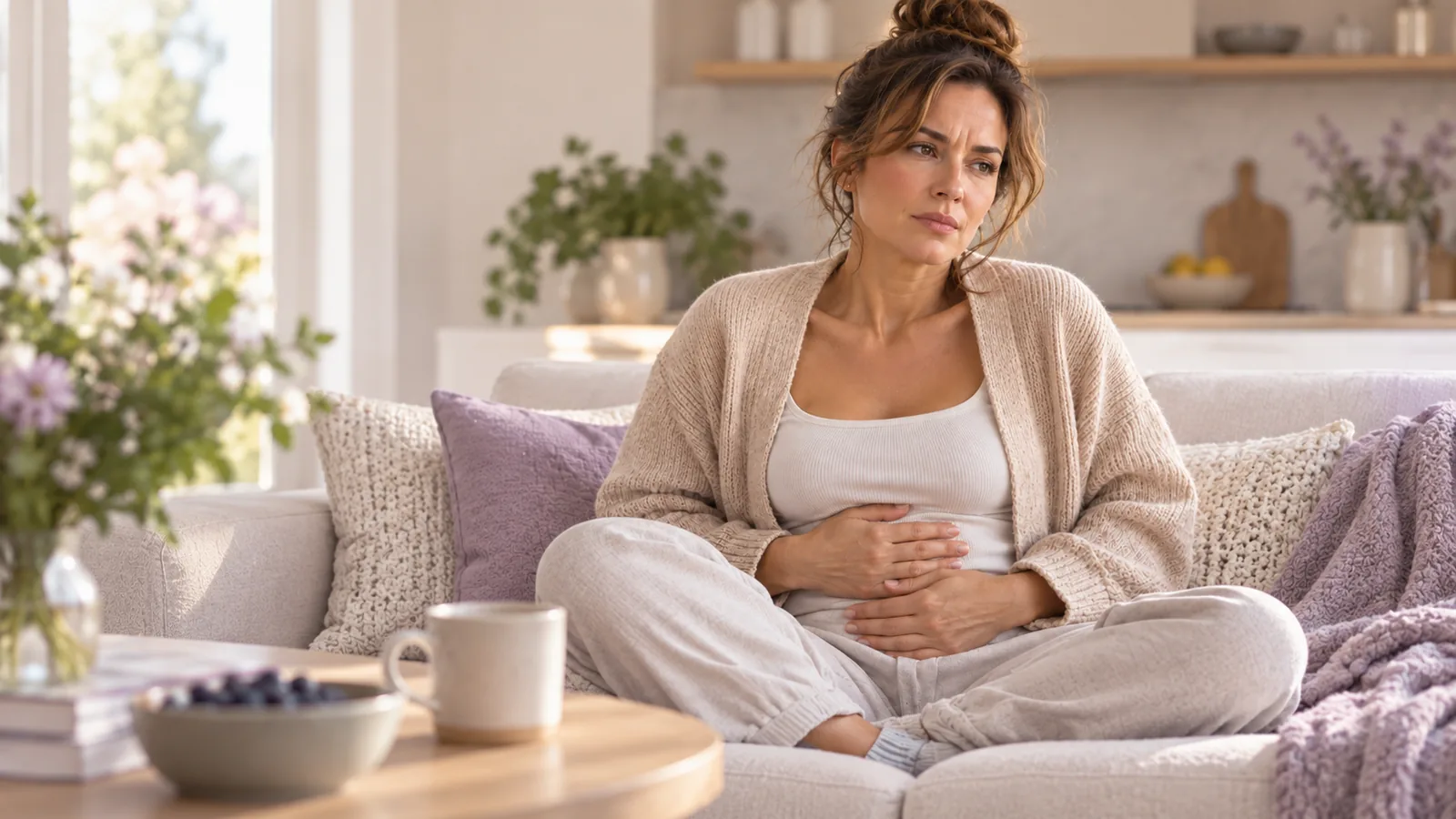 Kobieta po 40. roku życia siedzi na kanapie w jasnym salonie i trzyma dłonie na wzdętym brzuchu, obok herbata i miska borówek - wzdęcia w perimenopauzie