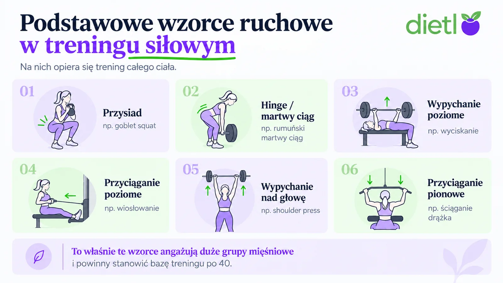 Infografika Dietlo: sześć podstawowych wzorców ruchowych treningu siłowego - przysiad (goblet squat), hinge/martwy ciąg (rumuński martwy ciąg), wypychanie poziome (wyciskanie), przyciąganie poziome (wiosłowanie), wypychanie nad głowę (shoulder press), przyciąganie pionowe (ściąganie drążka)
